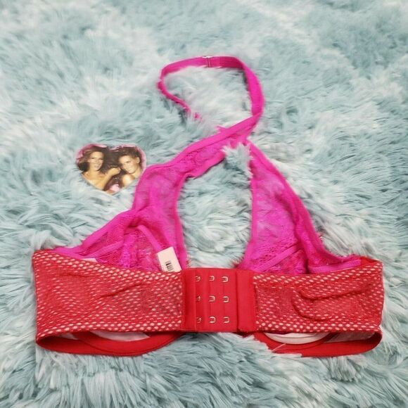 Victoria's Secrets Redย Hot Pink Fish Net Unlined Demi BraโSizeโ32โD - Picture 5 of 6